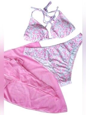 3 Pc Bikini Bathing Suit Set Pink/Gray Floral Size Small NWT